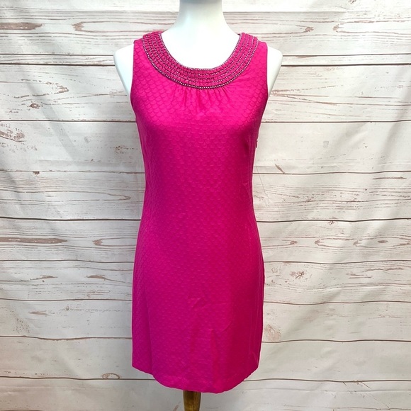 Vineyard Vines Hot Pink Fuchsia Turquoise Beaded Necklace Silk Dress - Picture 1 of 10